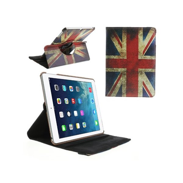 CUSTODIA BOOK ORIZZONTALE PELLE GIREVOLE per APPLE IPAD AIR, IPAD 5 CON STAND FANTASIA BANDIERA UK ANTICATA