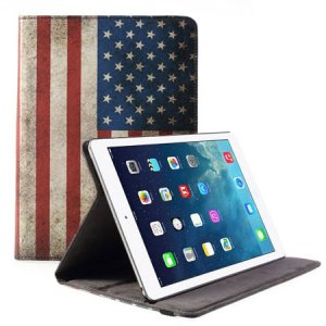 CUSTODIA BOOK ORIZZONTALE PELLE per APPLE IPAD AIR, IPAD 5 CON STAND FANTASIA BANDIERA USA ANTICATA