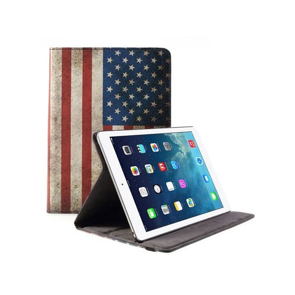 CUSTODIA BOOK ORIZZONTALE PELLE per APPLE IPAD AIR, IPAD 5 CON STAND FANTASIA BANDIERA USA ANTICATA