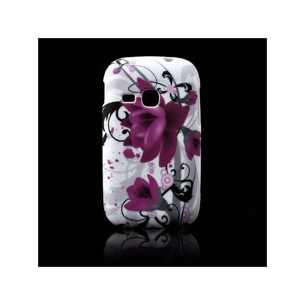 CUSTODIA GEL TPU SILICONE per SAMSUNG S6310 GALAXY YOUNG, S6312 GALAXY YOUNG DUOS FANTASIA FIORI VIOLA SU SFONDO BIANCO