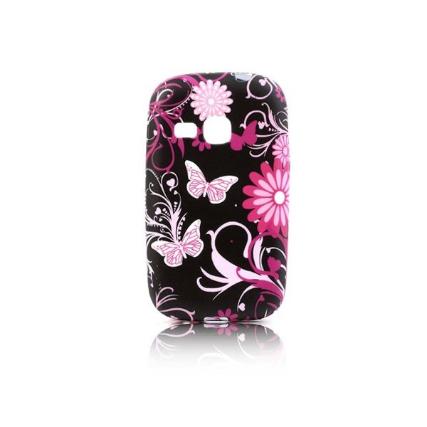 CUSTODIA GEL TPU SILICONE per SAMSUNG S6310 GALAXY YOUNG, S6312 FANTASIA FIORI E FARFALLE ROSA SU SFONDO NERO