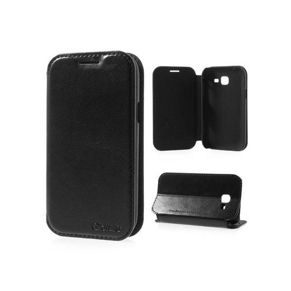 CUSTODIA FLIP ORIZZONTALE PELLE per SAMSUNG S7570 GALAXY TREND II, S7572 GALAXY TREND II DUOS CON STAND COLORE NERO