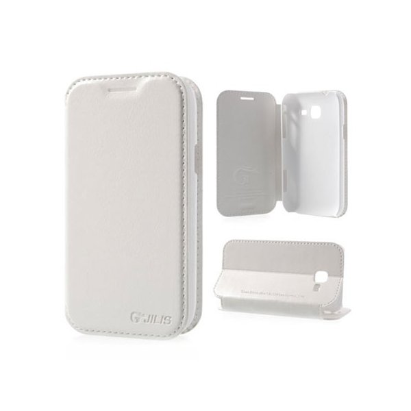 CUSTODIA FLIP ORIZZONTALE PELLE per SAMSUNG S7570 GALAXY TREND II, S7572 GALAXY TREND II DUOS CON STAND COLORE BIANCO