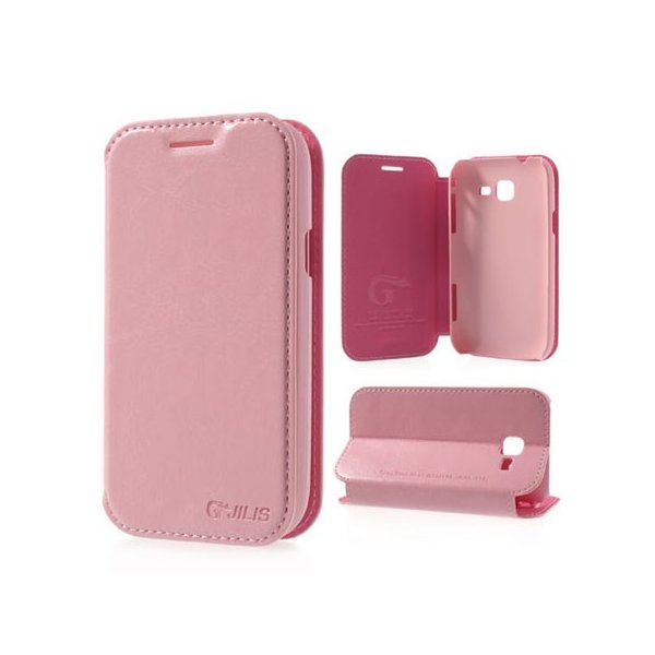 CUSTODIA FLIP ORIZZONTALE PELLE per SAMSUNG S7570 GALAXY TREND II, S7572 GALAXY TREND II DUOS CON STAND COLORE ROSA