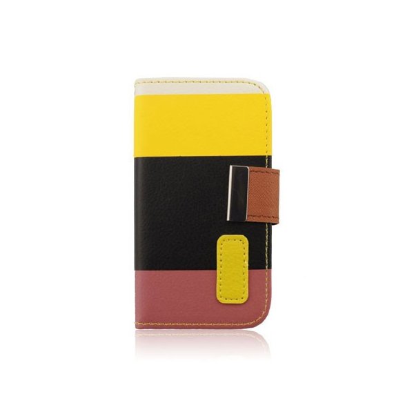 CUSTODIA FLIP ORIZZONTALE per APPLE IPHONE 4, 4s CON STAND E PORTA CARTE FANTASIA RIGHE BIANCO, GIALLO, NERO E ROSA