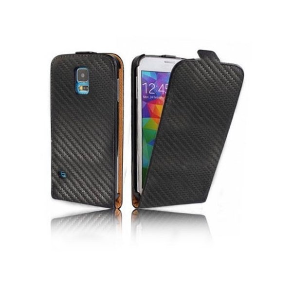 CUSTODIA FLIP VERTICALE SLIM SIMILPELLE per SAMSUNG G900F GALAXY S5, GALAXY S5 NEO G903F, GALAXY S5 PLUS COLORE NERO CARBON