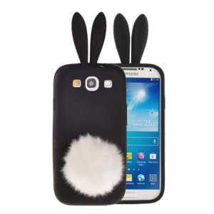 CUSTODIA GEL TPU SILICONE per SAMSUNG I9500 GALAXY S4, I9505, I9502 FANTASIA CONIGLIO CON CODA PON PON COLORE NERO