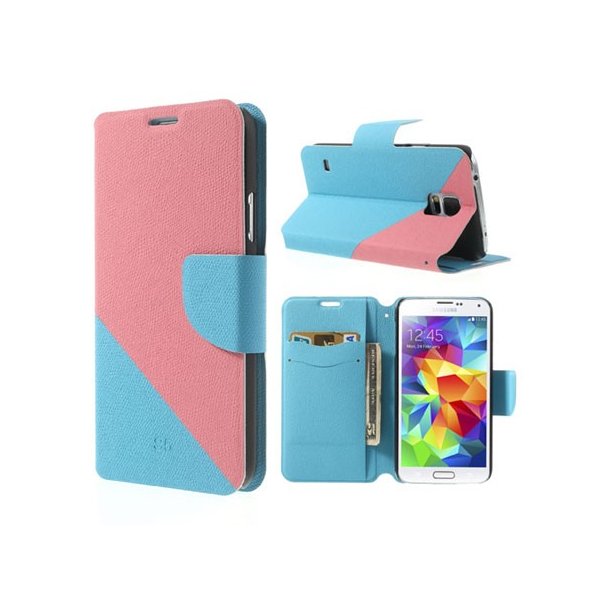 CUSTODIA FLIP ORIZZONTALE SIMILPELLE per SAMSUNG G900F GALAXY S5, S5 NEO CON STAND E PORTA CARTE BICOLORE ROSA E AZZURRO