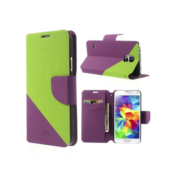 CUSTODIA FLIP ORIZZONTALE SIMILPELLE per SAMSUNG G900F GALAXY S5, S5 NEO CON STAND E PORTA CARTE BICOLORE VERDE E VIOLA