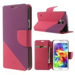 CUSTODIA FLIP ORIZZONTALE SIMILPELLE per SAMSUNG G900F GALAXY S5, S5 NEO CON STAND E PORTA CARTE BICOLORE VIOLA E FUCSIA