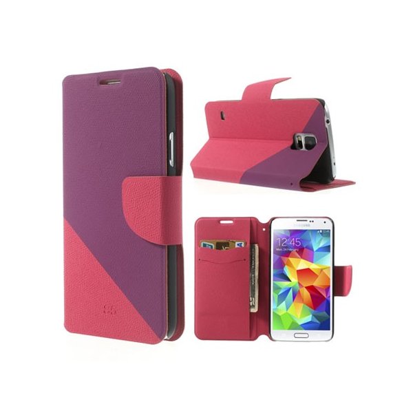 CUSTODIA FLIP ORIZZONTALE SIMILPELLE per SAMSUNG G900F GALAXY S5, S5 NEO CON STAND E PORTA CARTE BICOLORE VIOLA E FUCSIA