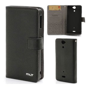 CUSTODIA FLIP ORIZZONTALE PELLE per SONY XPERIA V LT25I CON STAND E TASCHE PORTA CARTE COLORE NERO