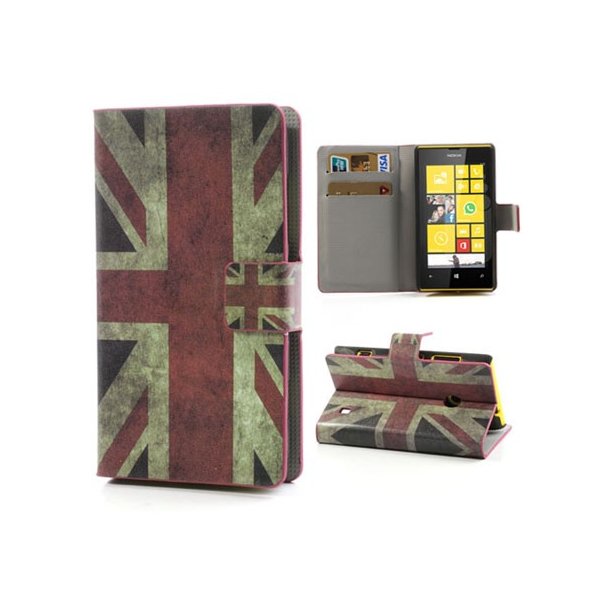 CUSTODIA FLIP ORIZZONTALE PELLE per NOKIA LUMIA 520, LUMIA 525 CON STAND E TASCHE PORTA CARTE FANTASIA BANDIERA UK ANTICATA