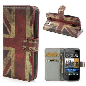 CUSTODIA FLIP ORIZZONTALE PELLE per HTC DESIRE 500 CON STAND E TASCHE PORTA CARTE FANTASIA BANDIERA UK ANTICATA