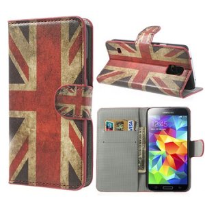 CUSTODIA FLIP ORIZZONTALE SIMILPELLE per SAMSUNG G900 GALAXY S5, S5 NEO CON STAND E PORTA CARTE FANTASIA BANDIERA UK ANTICATA