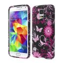 CUSTODIA GEL TPU SILICONE per SAMSUNG G900F GALAXY S5, GALAXY S5 NEO G903F FANTASIA FIORI E FARFALLE ROSA SU SFONDO NERO