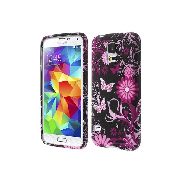 CUSTODIA GEL TPU SILICONE per SAMSUNG G900F GALAXY S5, GALAXY S5 NEO G903F FANTASIA FIORI E FARFALLE ROSA SU SFONDO NERO