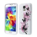 CUSTODIA GEL TPU SILICONE per SAMSUNG G900F GALAXY S5, GALAXY S5 NEO G903F FANTASIA FARFALLE ROSA SU SFONDO BIANCO