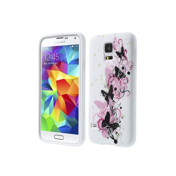 CUSTODIA GEL TPU SILICONE per SAMSUNG G900F GALAXY S5, GALAXY S5 NEO G903F FANTASIA FARFALLE ROSA SU SFONDO BIANCO