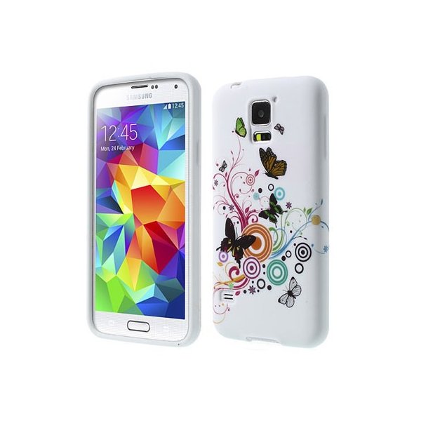 CUSTODIA GEL TPU SILICONE per SAMSUNG G900F GALAXY S5, GALAXY S5 NEO G903F FANTASIA FARFALLE COLORATE SU SFONDO BIANCO