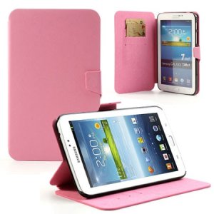 CUSTODIA BOOK ORIZZONTALE PELLE per SAMSUNG P3200 GALAXY TAB 3 7.0, P3210 CON STAND E TASCHE PORTA CARTE COLORE ROSA