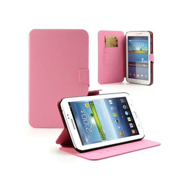 CUSTODIA BOOK ORIZZONTALE PELLE per SAMSUNG P3200 GALAXY TAB 3 7.0, P3210 CON STAND E TASCHE PORTA CARTE COLORE ROSA