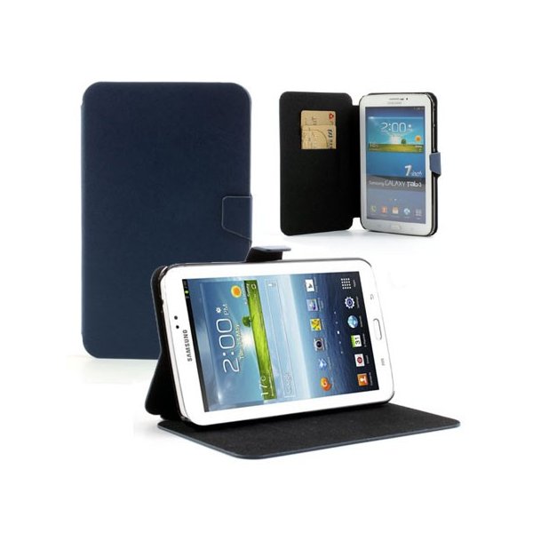 CUSTODIA BOOK ORIZZONTALE PELLE per SAMSUNG P3200 GALAXY TAB 3 7.0, P3210 CON STAND E TASCHE PORTA CARTE COLORE BLU