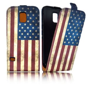 CUSTODIA FLIP VERTICALE SLIM SIMILPELLE per SAMSUNG G900F GALAXY S5, GALAXY S5 NEO G903F FANTASIA BANDIERA USA ANTICATA