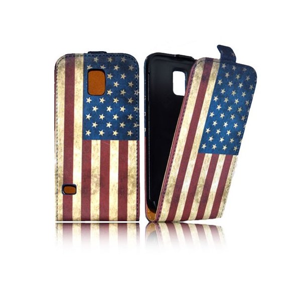 CUSTODIA FLIP VERTICALE SLIM SIMILPELLE per SAMSUNG G900F GALAXY S5, GALAXY S5 NEO G903F FANTASIA BANDIERA USA ANTICATA