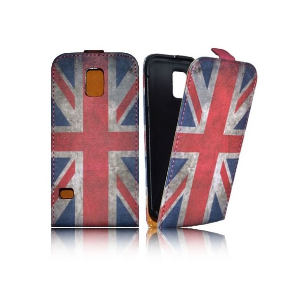 CUSTODIA FLIP VERTICALE SLIM SIMILPELLE per SAMSUNG G900F GALAXY S5, GALAXY S5 NEO G903F FANTASIA BANDIERA UK ANTICATA