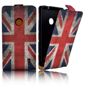 CUSTODIA FLIP VERTICALE SLIM PELLE per NOKIA LUMIA 520, LUMIA 525 FANTASIA BANDIERA UK ANTICATA