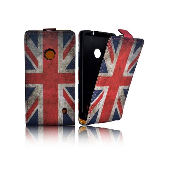 CUSTODIA FLIP VERTICALE SLIM PELLE per NOKIA LUMIA 520, LUMIA 525 FANTASIA BANDIERA UK ANTICATA