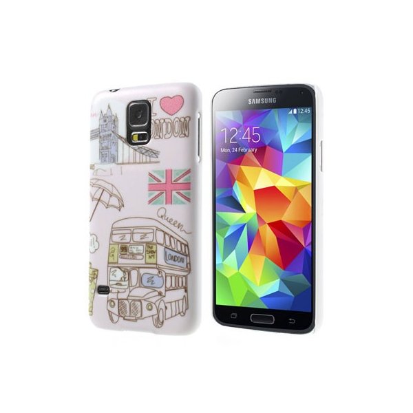 CUSTODIA BACK RIGIDA per SAMSUNG G900F GALAXY S5, GALAXY S5 NEO G903F FANTASIA LONDRA CON BUS E BANDIERA SU SFONDO ROSA