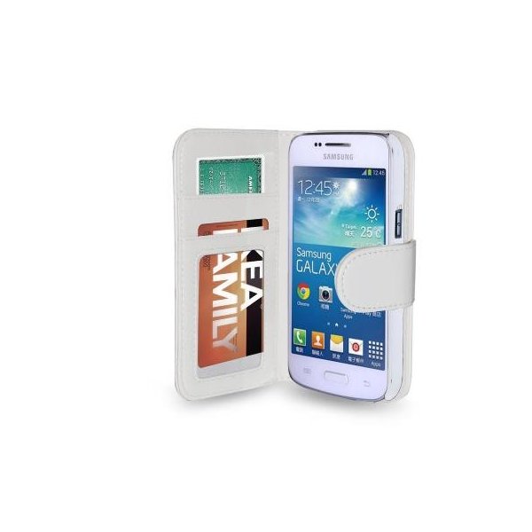 CUSTODIA FLIP ORIZZONTALE per SAMSUNG G3500 GALAXY CORE PLUS, G3502 GALAXY TREND 3 CON TASCHE PORTA CARTE COLORE BIANCO