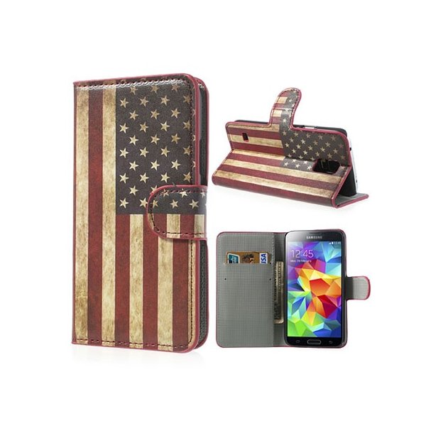 CUSTODIA FLIP ORIZZONTALE SIMILPELLE per SAMSUNG G900 GALAXY S5, S5 NEO CON STAND E PORTA CARTE FANTASIA BANDIERA USA ANTICATA