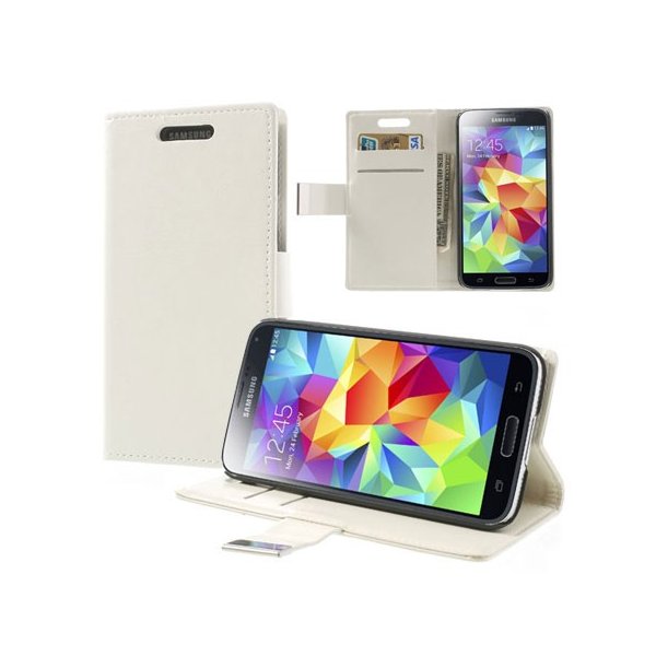 CUSTODIA FLIP ORIZZONTALE SIMILPELLE per SAMSUNG G900F GALAXY S5, S5 NEO G903F CON STAND E PORTA CARTE COLORE BIANCO