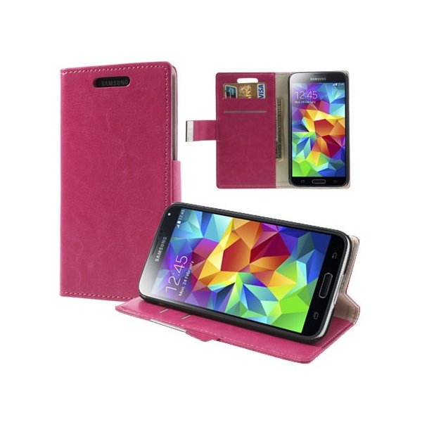 CUSTODIA FLIP ORIZZONTALE SIMILPELLE per SAMSUNG G900F GALAXY S5, S5 NEO G903F CON STAND E PORTA CARTE COLORE FUCSIA