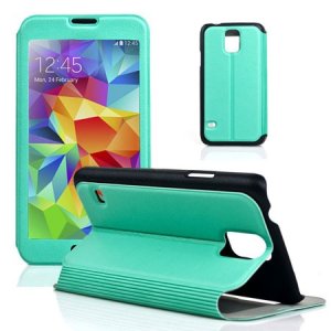 CUSTODIA FLIP ORIZZONTALE SIMILPELLE per SAMSUNG G900F GALAXY S5, S5 NEO G903F CON FINESTRA GRANDE E STAND VERDE ACQUA