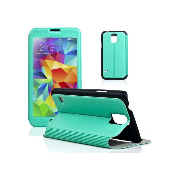 CUSTODIA FLIP ORIZZONTALE SIMILPELLE per SAMSUNG G900F GALAXY S5, S5 NEO G903F CON FINESTRA GRANDE E STAND VERDE ACQUA