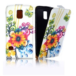 CUSTODIA FLIP VERTICALE SLIM SIMILPELLE per SAMSUNG G900F GALAXY S5, GALAXY S5 NEO G903F FANTASIA FIORI E FARFALLE COLORATI