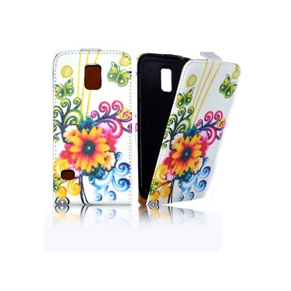 CUSTODIA FLIP VERTICALE SLIM SIMILPELLE per SAMSUNG G900F GALAXY S5, GALAXY S5 NEO G903F FANTASIA FIORI E FARFALLE COLORATI