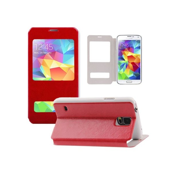 CUSTODIA FLIP ORIZZONTALE SIMILPELLE per SAMSUNG G900F GALAXY S5, S5 NEO G903F CON STAND E DOPPIA FINESTRA ID COLORE ROSSO