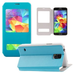 CUSTODIA FLIP ORIZZONTALE SIMILPELLE per SAMSUNG G900F GALAXY S5, S5 NEO G903F CON STAND E DOPPIA FINESTRA ID COLORE AZZURRO