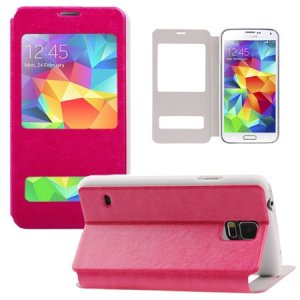 CUSTODIA FLIP ORIZZONTALE SIMILPELLE per SAMSUNG G900F GALAXY S5, S5 NEO G903F CON STAND E DOPPIA FINESTRA ID COLORE FUCSIA