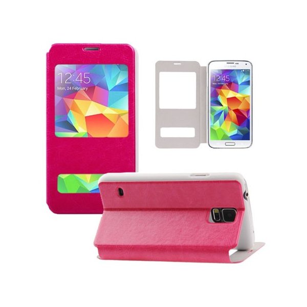 CUSTODIA FLIP ORIZZONTALE SIMILPELLE per SAMSUNG G900F GALAXY S5, S5 NEO G903F CON STAND E DOPPIA FINESTRA ID COLORE FUCSIA