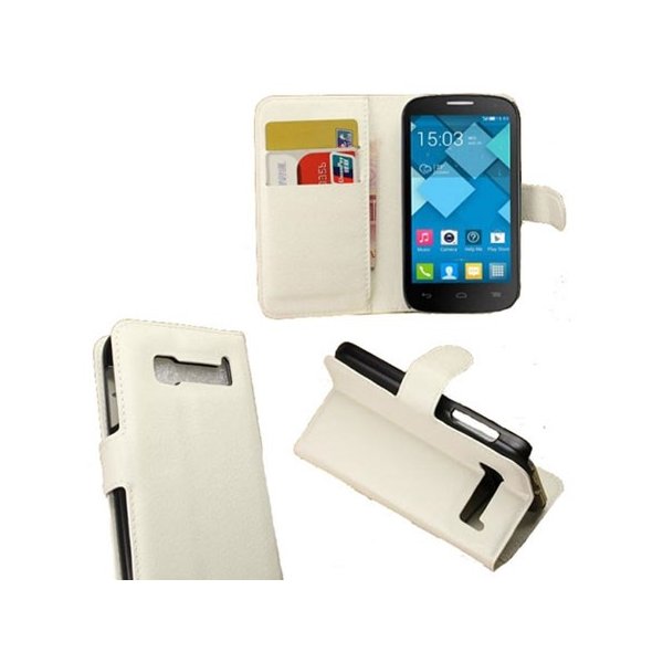 CUSTODIA FLIP ORIZZONTALE PELLE per ALCATEL ONE TOUCH POP C5 CON STAND E TASCHE PORTA CARTE COLORE BIANCO