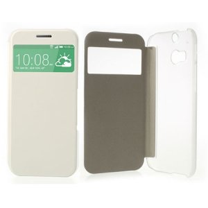 CUSTODIA FLIP ORIZZONTALE per HTC ONE 2 ( M8 ), ONE M8s CON FINESTRA ID COLORE BIANCO CON PARTE POSTERIORE RIGIDA TRASPARENTE