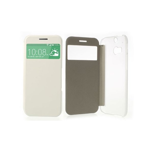 CUSTODIA FLIP ORIZZONTALE per HTC ONE 2 ( M8 ), ONE M8s CON FINESTRA ID COLORE BIANCO CON PARTE POSTERIORE RIGIDA TRASPARENTE