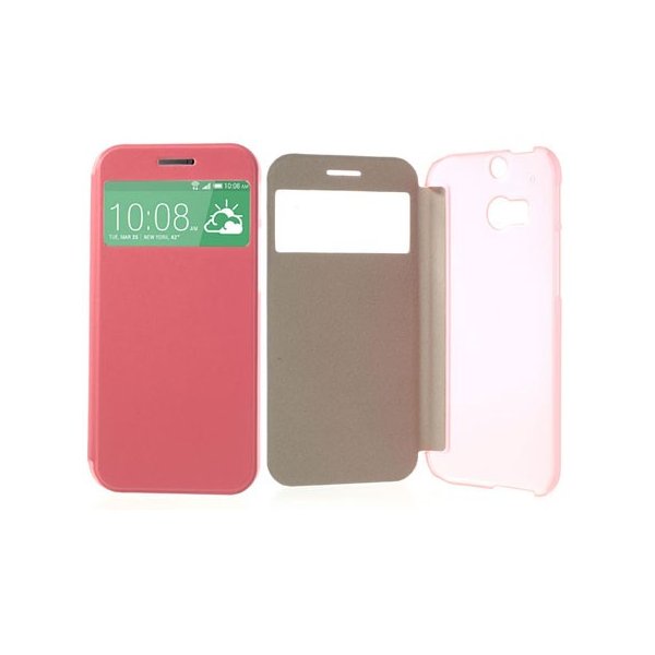 CUSTODIA FLIP ORIZZONTALE per HTC ONE 2 ( M8 ), ONE M8s CON FINESTRA ID COLORE ROSA CON PARTE POSTERIORE RIGIDA TRASPARENTE