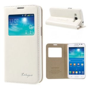 CUSTODIA FLIP ORIZZONTALE PELLE per SAMSUNG G3812 GALAXY WIN PRO CON FINESTRA ID, STAND E TASCHE PORTA CARTE COLORE BIANCO